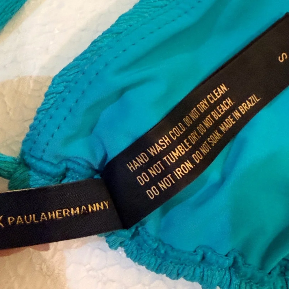 Vix Paula Hermanny Bikini Set S/XS Turquoise Gold Chain Textured Smocked Brazil
